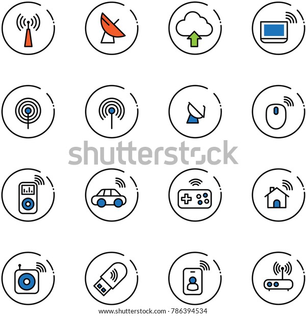 line vector icon set - antenna\
vector, satellite, upload cloud, notebook wi fi, mouse wireless,\
music player, car, joystick, home, speaker, usb, identity card,\
router