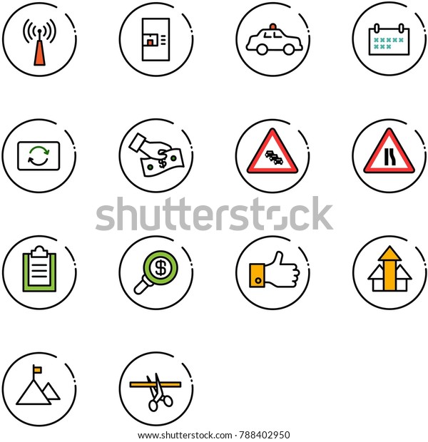 line vector icon set - antenna vector, coffee
machine, safety car, schedule, card exchange, cash pay, multi lane
traffic road sign, narrows, clipboard, search money, finger up,
arrows, mountain