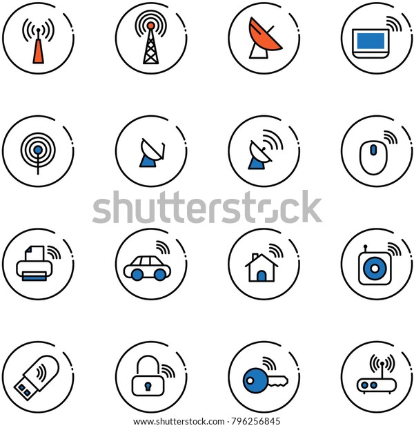 line vector icon set - antenna vector, satellite,\
notebook wi fi, mouse wireless, printer, car, home, speaker, usb,\
lock, key, router