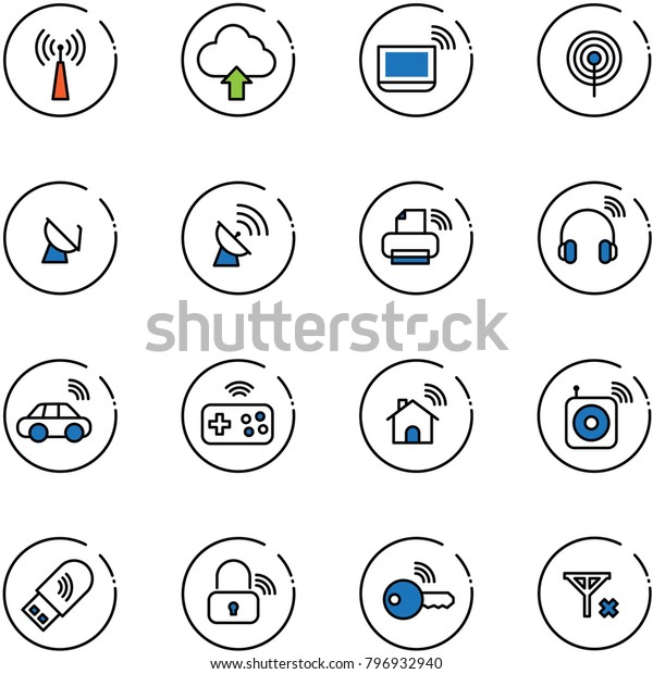 line vector icon set -\
antenna vector, upload cloud, notebook wi fi, satellite, printer\
wireless, headphones, car, joystick, home, speaker, usb, lock, key,\
no signal