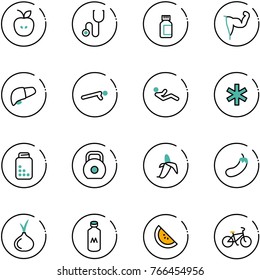 line vector icon set - apple vector, stethoscope, pills bottle, power hand, liver, push ups, abdominal muscles, ambulance star, weight, banana, eggplant, onion, milk, watermelone, bike