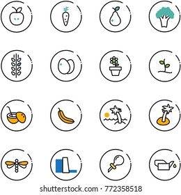 line vector icon set - apple vector, carrot, pear, broccoli, spica, eggs, flower pot, sproute, coconut cocktail, banana, palm, dragonfly, water power plant, oiler