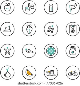 line vector icon set - apple vector, tonometer, vial, power hand, treadmill, heart, run, pull ups, gymnastics, abdominal muscles, lemon slice, weight, onion, watermelone, pool, bike