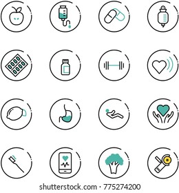 line vector icon set - apple vector, drop counter, pills, blister, bottle, barbell, heart beat, lemon, stomach, abdominal muscles, care, tooth brush, mobile monitor, broccoli, Angular grinder