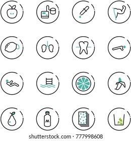 line vector icon set - apple vector, tonometer, pipette, power hand, lemon, lungs, tooth, push ups, abdominal muscles, pool, slice, banana, pear, milk, breads, garbage