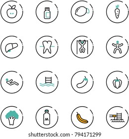 line vector icon set - apple vector, pills bottle, lemon, carrot, liver, tooth, pull ups, gymnastics, abdominal muscles, pool, eggplant, sweet pepper, broccoli, milk, banana