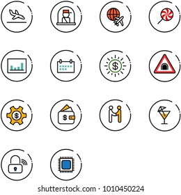 line vector icon set - arrival vector, officer window, plane globe, lollipop, statistics, schedule, dollar sun, tunnel road sign, money managemet, finance management, agreement, drink, wireless lock