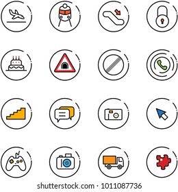 line vector icon set - arrival vector, train, escalator down, lock, cake, tunnel road sign, no limit, phone horn, stairs, dialog, photo, cursor, joystick, camera, truck toy, puzzle