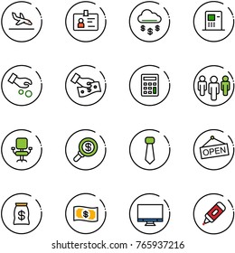 line vector icon set - arrival vector, identity, money rain, atm, investment, cash pay, calculator, group, office chair, search, tie, open, bag, monitor, marker