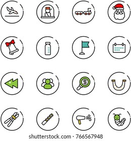 line vector icon set - arrival vector, officer window, baggage truck, santa claus, bell, vial, flag, schedule, fast backward, group, search money, luck, bolt cutter, drill, dryer, toy caterpillar