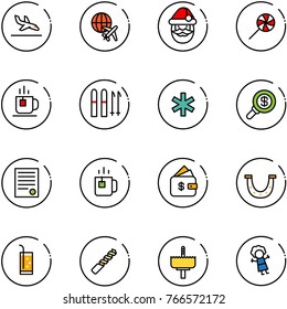 line vector icon set - arrival vector, plane globe, santa claus, lollipop, tea, ski, ambulance star, search money, agreement, green, finance management, luck, drink, drill, crown, doll