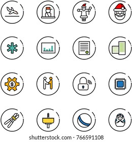 line vector icon set - arrival vector, officer window, santa claus, ambulance star, statistics, agreement, building, money managemet, wireless lock, cpu, bolt cutter, crown drill, ball, russian doll