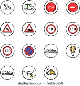 line vector icon set - arrival vector, encashment car, stop road sign, no way, multi lane traffic, climb, speed limit 10, 110, 120, parking, limousine, air balloon, cabrio, wheelbarrow