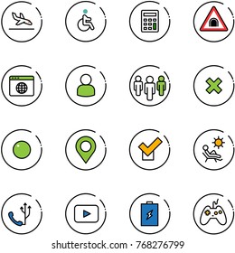 line vector icon set - arrival vector, disabled, calculator, tunnel road sign, browser globe, user, group, delete cross, record, map pin, check, beach, phone, playback, battery, joystick
