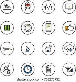 line vector icon set - arrival vector, train, monero, monitor cursor, pause, standby, mobile, finger up, lounger, satellite antenna, wireless home, cloud exchange data, clock, trash bin, fine signal