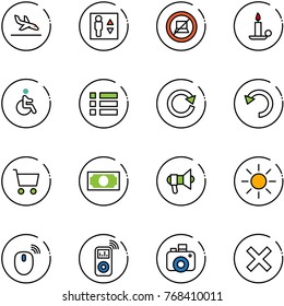 line vector icon set - arrival vector, elevator, no computer sign, candle, disabled, menu, reload, undo, cart, money, megaphone, sun, mouse wireless, music player, camera, delete