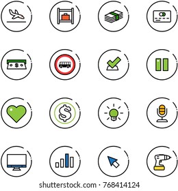line vector icon set - arrival vector, baggage room, dollar, credit card, cash, no bus road sign, check, pause, heart, bulb, microphone, monitor, chart, cursor, drill