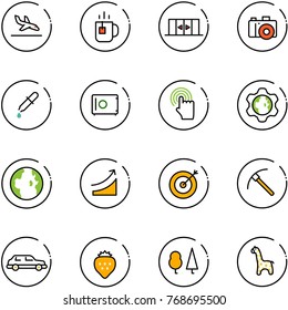 line vector icon set - arrival vector, tea, automatic doors, camera, pipette, safe, hand cursor, gear globe, rise, target, rock axe, limousine, strawberry, forest, toy giraffe