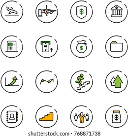 line vector icon set - arrival vector, boarding passengers, safe, bank, atm, money bag, folder, growth arrow, chart point, career, up, contact book, stairs, team leader