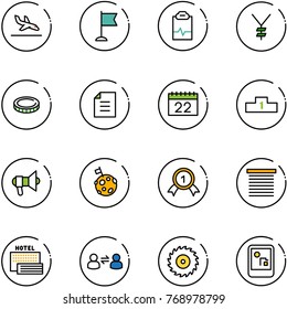 line vector icon set - arrival vector, flag, pulse clipboard, yen, coin, document, calendar, pedestal, megaphone, moon, gold medal, jalousie, sea hotel, information exchange, saw disk, game console