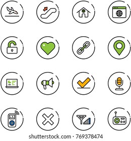 line vector icon set - arrival vector, escalator up, home, browser globe, unlocked, heart, link, map pin, statistics monitor, megaphone, check, microphone, music player, delete, fine signal, radio