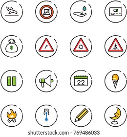 line vector icon set - arrival vector, no computer sign, drop hand, credit card, money bag, turn right road, round motion, pedestrian, pause, loudspeaker, calendar, ice cream, fire, laser, pencil