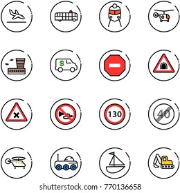 line vector icon set - arrival vector, airport bus, train, helicopter, building, encashment car, no way road sign, tunnel, railway intersection, horn, speed limit 130, end, moon rover, sailboat toy