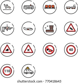 line vector icon set - arrival vector, airport bus, waiting area, baggage truck, boarding passengers, small plane, building, multi lane traffic road sign, tractor way, no horn, speed limit 40, 110