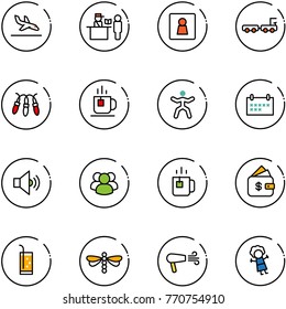 line vector icon set - arrival vector, passport control, female wc, baggage truck, garland, tea, gymnastics, schedule, volume medium, group, green, finance management, drink, dragonfly, dryer, doll