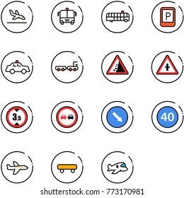 line vector icon set - arrival vector, airport bus, parking sign, safety car, baggage truck, landslide road, intersection, limited height, no overtake, detour, minimal speed limit, plane, skateboard