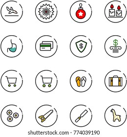 line vector icon set - arrival vector, firework, christmas ball, candle, stomach, credit card, safe, bank, cart, flip flops, suitcase, flower, saw, rasp, toy giraffe