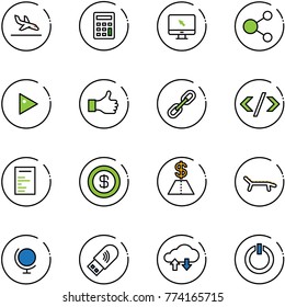 line vector icon set - arrival vector, calculator, monitor cursor, share, play, like, link, tag code, document, dollar, lounger, globe, usb wi fi, cloud exchange data, standby button
