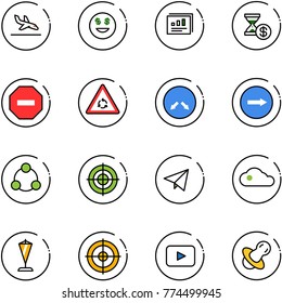 line vector icon set - arrival vector, dollar smile, statistics report, account history, no way road sign, round motion, detour, only right, social, target, paper fly, cloud, pennant, playback