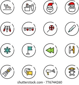line vector icon set - arrival vector, passport control, santa claus, garland, lollipop, thermometer, ambulance star, flag, fast backward, agreement, bolt cutter, machine tool, dryer, doll