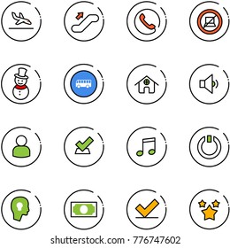 line vector icon set - arrival vector, escalator up, phone, no computer sign, snowman, bus road, home, low volume, user, check, music, standby, head bulb, money, stars