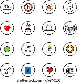 line vector icon set - arrival vector, no mobile sign, sun, lock, heart, snowman, cake, group, record, music, microphone, check, battery, puzzle, radio