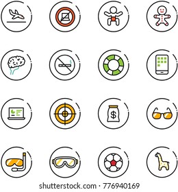 line vector icon set - arrival vector, no computer sign, baby, cake man, brain, smoking, lifebuoy, mobile, statistics monitor, target, money bag, sunglasses, diving, protective glasses, soccer ball