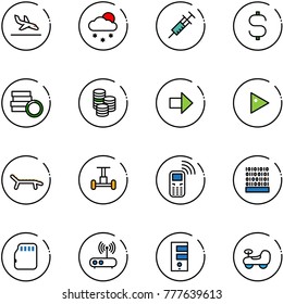 line vector icon set - arrival vector, snowfall, syringe, dollar sign, coin, right arrow, play, lounger, gyroscope, mobile phone, binary code, micro flash card, wi fi router, server, baby car