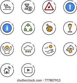 line vector icon set - arrival vector, account history, abrupt turn right road sign, only forward, pedestrian way, social, moon flag, pennant, success, rain cloud, waves, dolphin, wireless home