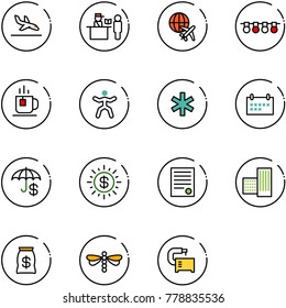 line vector icon set - arrival vector, passport control, plane globe, garland, tea, gymnastics, ambulance star, schedule, insurance, dollar sun, agreement, building, money bag, dragonfly