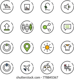 line vector icon set - arrival vector, trash, pound, low volume, uplooad, group, share, chat, standby, map pin, sun, t shirt, button, plane, joystick, Tic tac toe