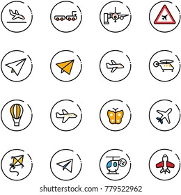 line vector icon set - arrival vector, baggage truck, boarding passengers, airport road sign, paper plane, fly, helicopter, air balloon, butterfly, kite, toy