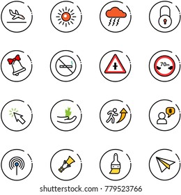 line vector icon set - arrival vector, sun, storm, lock, bell, no smoking sign, intersection road, limited distance, cursor, hand sproute, career, money dialog, antenna, dowel, brush, paper plane
