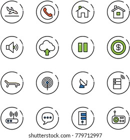 line vector icon set - arrival vector, phone, home, volume medium, upload cloud, pause, dollar, lounger, antenna, satellite, server wireless, wi fi router, chat, radio
