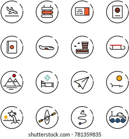 line vector icon set - arrival vector, sign post, ticket, passport, small plane, airport building, sleigh, mountains, hospital bed, paper, lounger, palm, kayak, trip, moon rover
