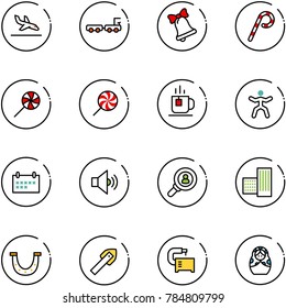 line vector icon set - arrival vector, baggage truck, bell, lollipop, tea, gymnastics, schedule, volume medium, head hunter, building, luck, tile drill, machine tool, russian doll