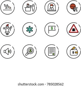 line vector icon set - arrival vector, passport control, officer window, plane globe, santa claus, ambulance star, dollar flag, tunnel road sign, volume medium, head hunter, agreement