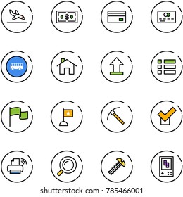 line vector icon set - arrival vector, dollar, credit card, bus road sign, home, uplooad, menu, flag, rock axe, check, printer wireless, magnifier, screw, game console