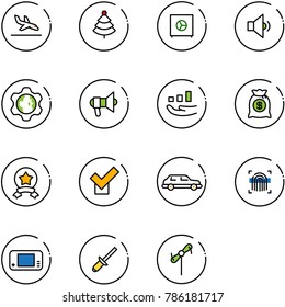 line vector icon set - arrival vector, christmas tree, safe, low volume, gear globe, megaphone, growth, money bag, star medal, check, limousine, fingerprint scanner, game console, clinch