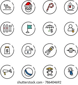 line vector icon set - arrival vector, santa claus, lollipop, tea, ski, flag, insurance, winner, money bag, wireless lock, bolt cutter, jack, dryer, ball, doll